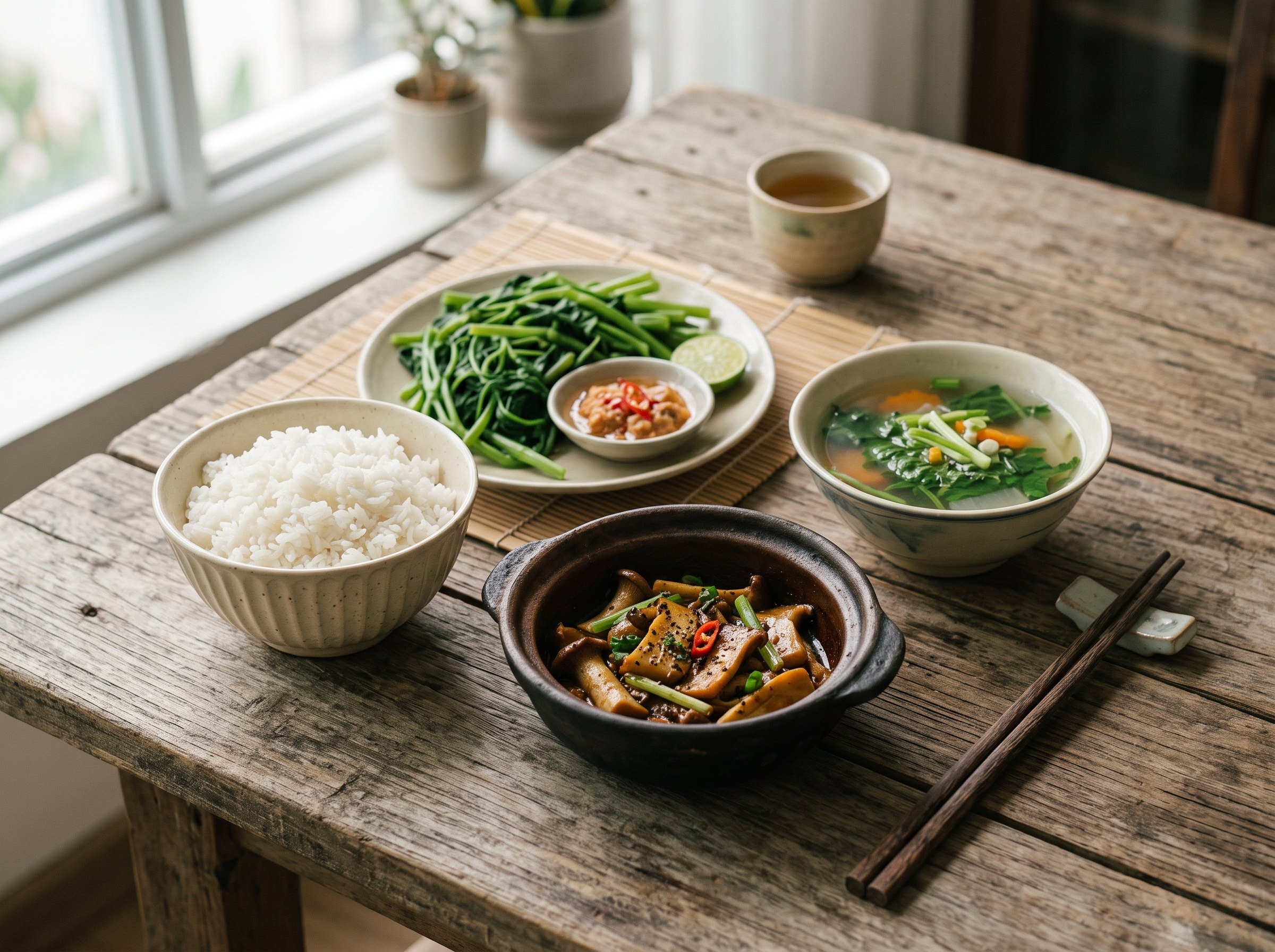 Bữa cơm chay nhà với kho tộ và rau luộc