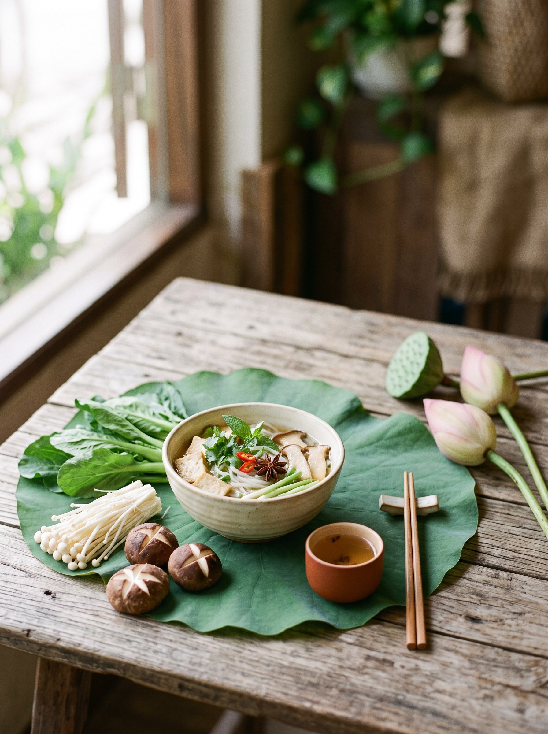 Tĩnh vật sen, nấm tươi và rau lá trên bàn gỗ bên cửa sổ
