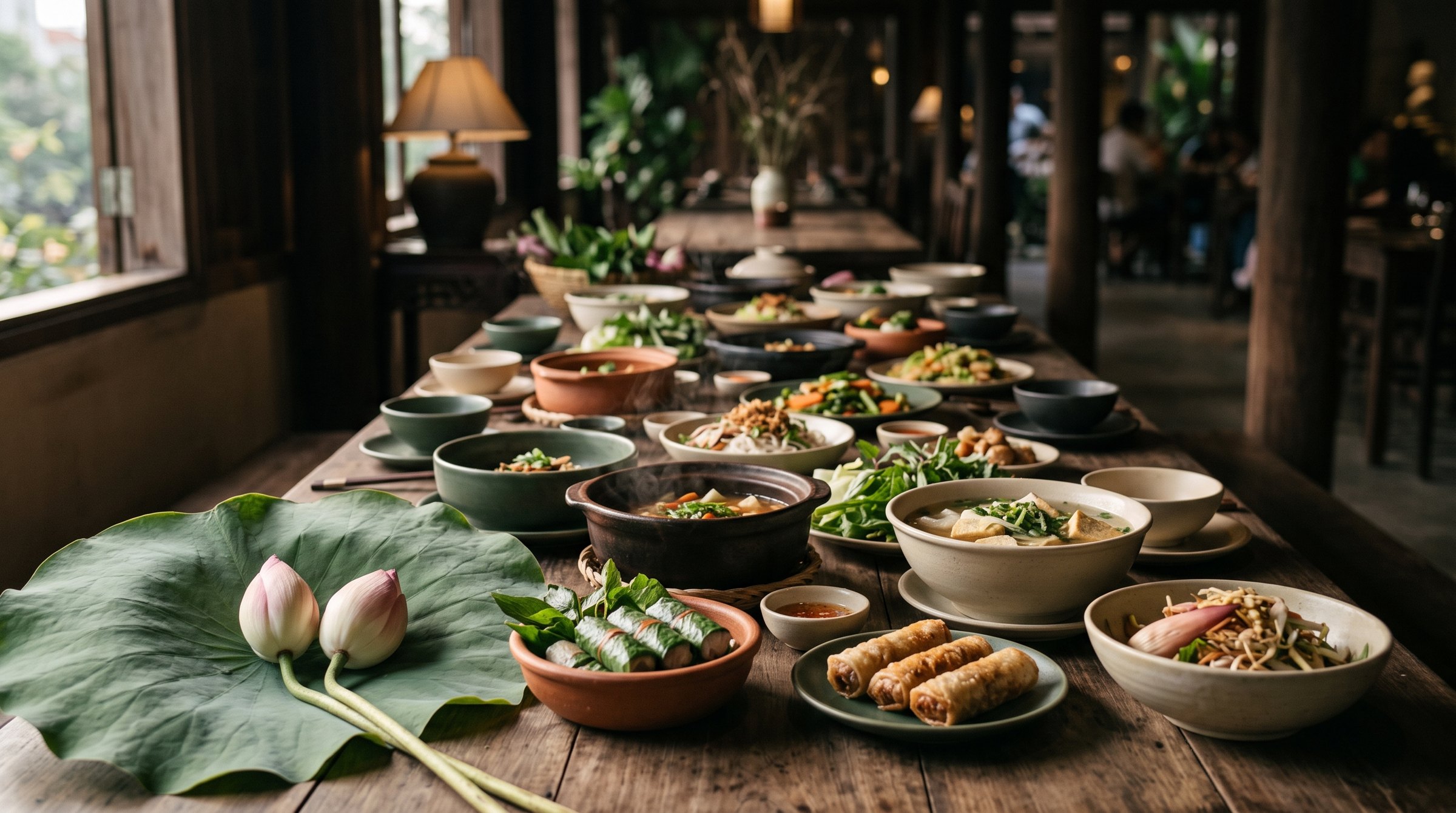 Bàn tiệc chay dài với sen, gốm thủ công và các món rau nấm